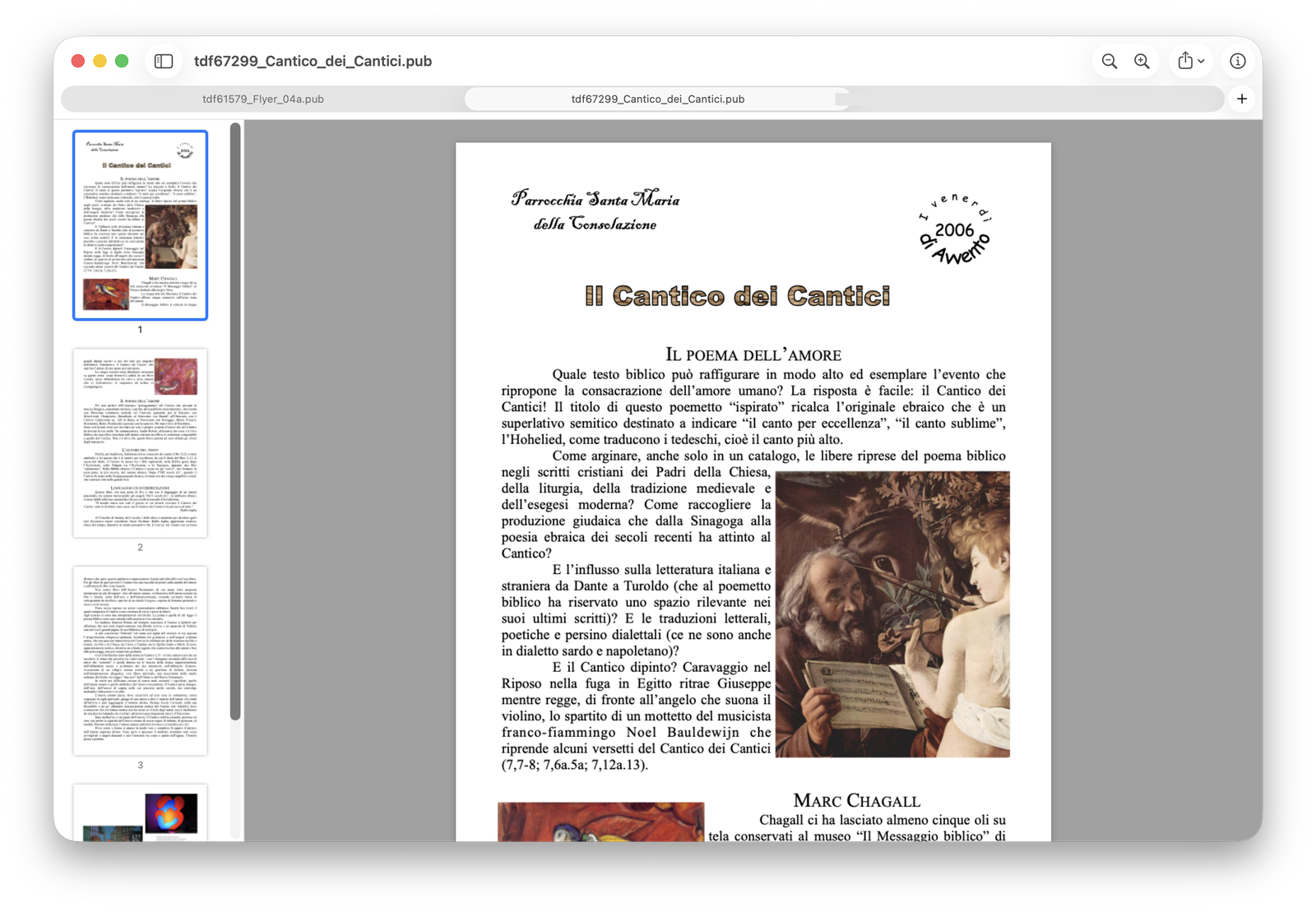 PubFile window: page thumbnails on the left, page 1 of a four-page parish newsletter rendered on the right, two .pub files open in tabs