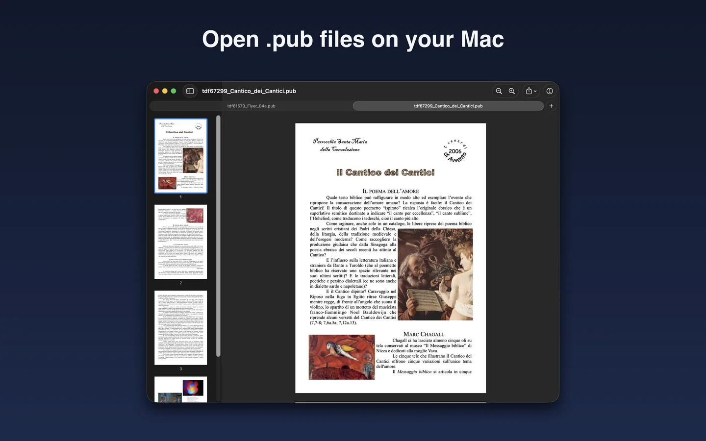 PubFile window with a four-page parish newsletter open, page thumbnails in a sidebar