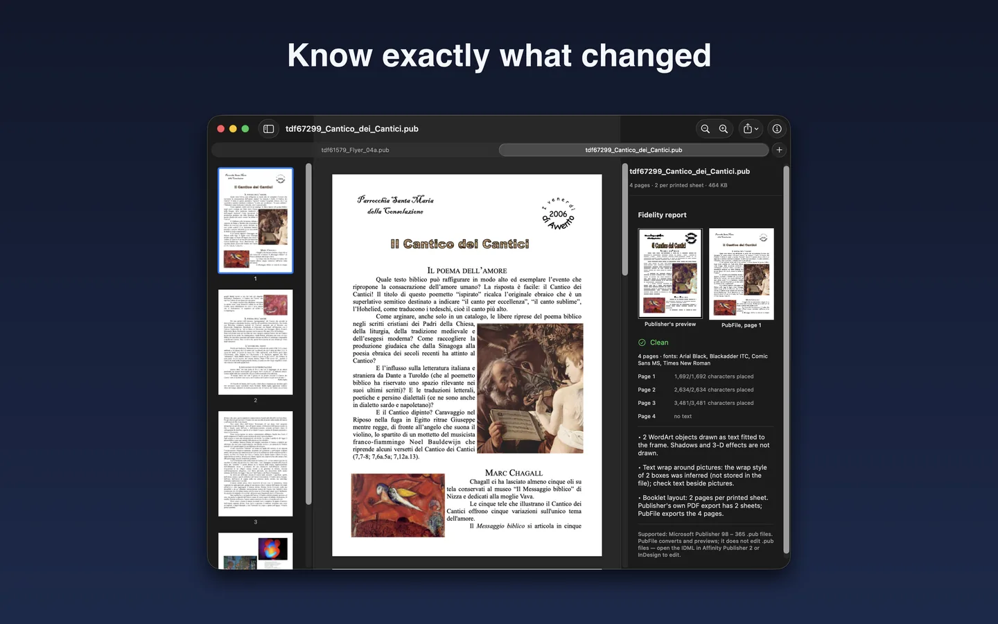 Inspector showing the fidelity report: Publisher's own preview beside PubFile's page, fonts, characters placed per page, verdict Clean
