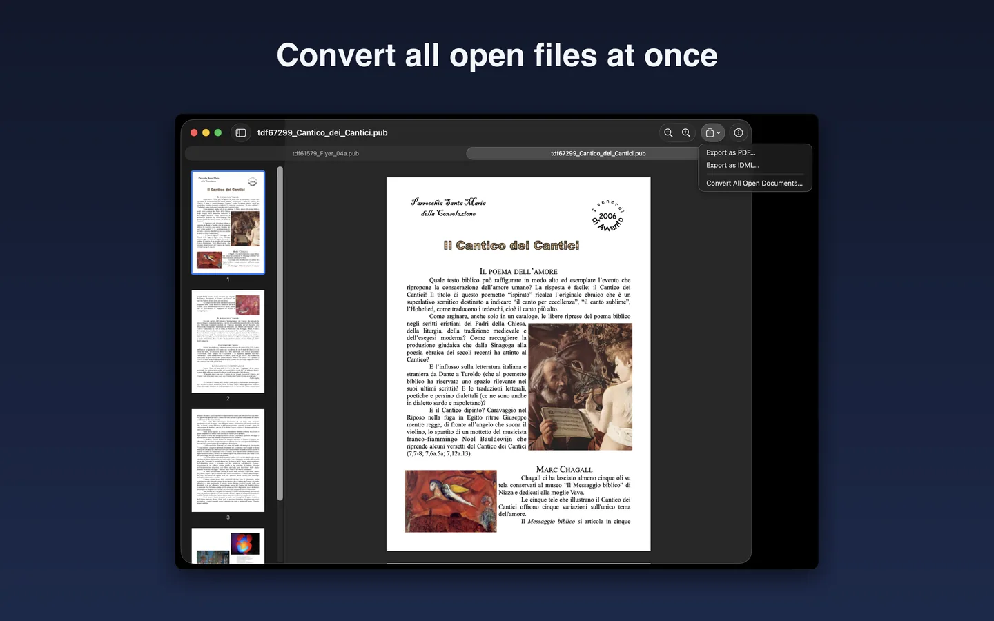 Share menu with Export as PDF, Export as IDML and Convert All Open Documents