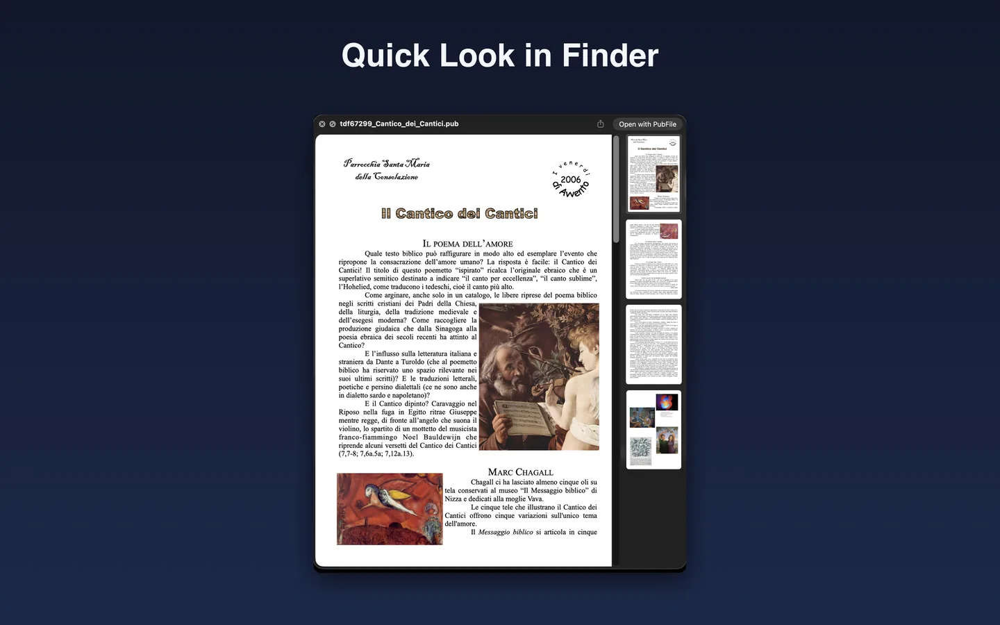 Finder Quick Look preview of a .pub file with an Open with PubFile button