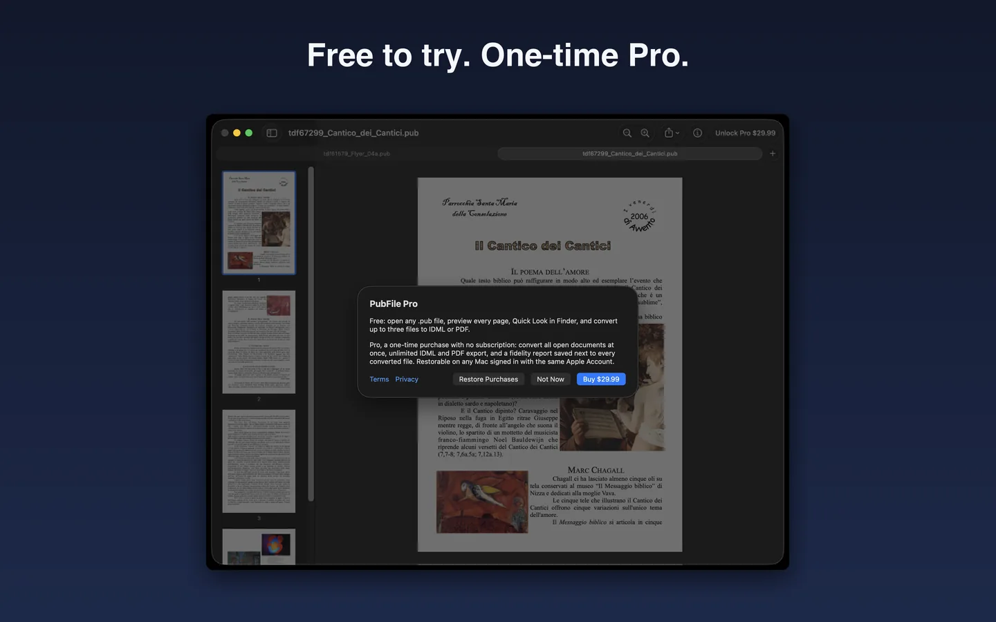 PubFile Pro sheet listing free and Pro features with a Buy $29.99 button and Restore Purchases